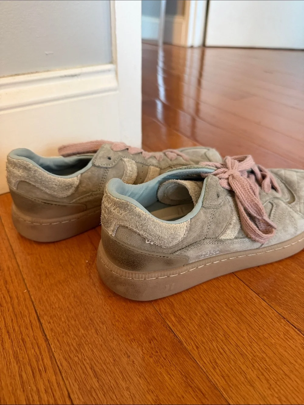 Coolway Suede Casual Sneakers in Light Gray with Pink Laces